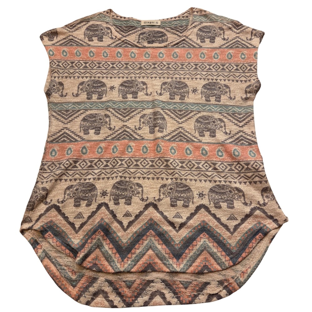 Ginger G Boho Elephant Print Knit Top Cap Sleeve High Low Hem Multicolor Medium